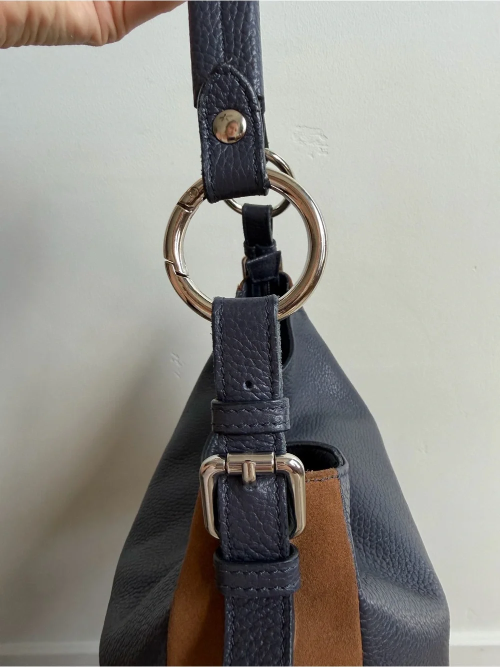 Sundance Genuine Leather & Suede Hobo Bag — Navy/Cognac Made In Italy